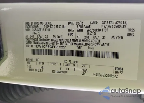 2016 Ford F-150 Lariat из США, поврежденный, VIN 1FTEW1CP6GFB37227